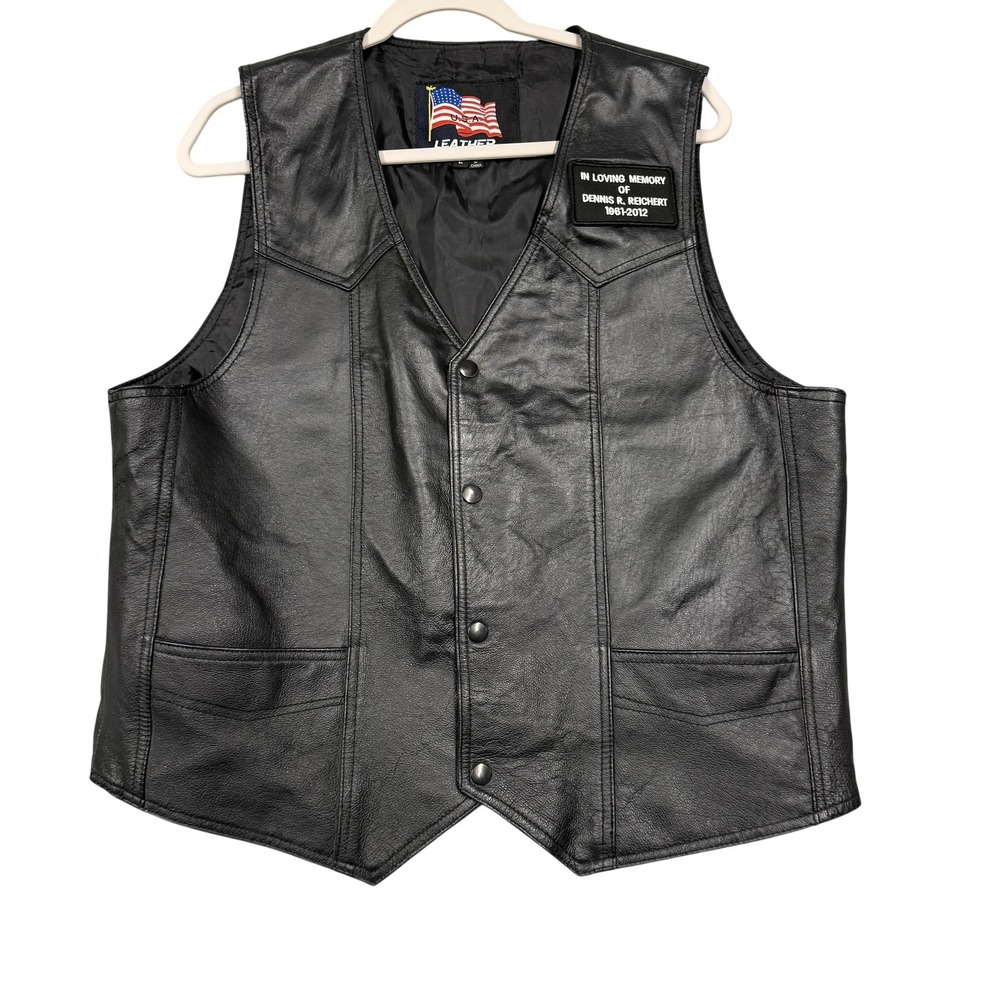 Leather U.S.A. Vest Mens Large Black Leather Biker USA Eagle Flag Snap Patriotic